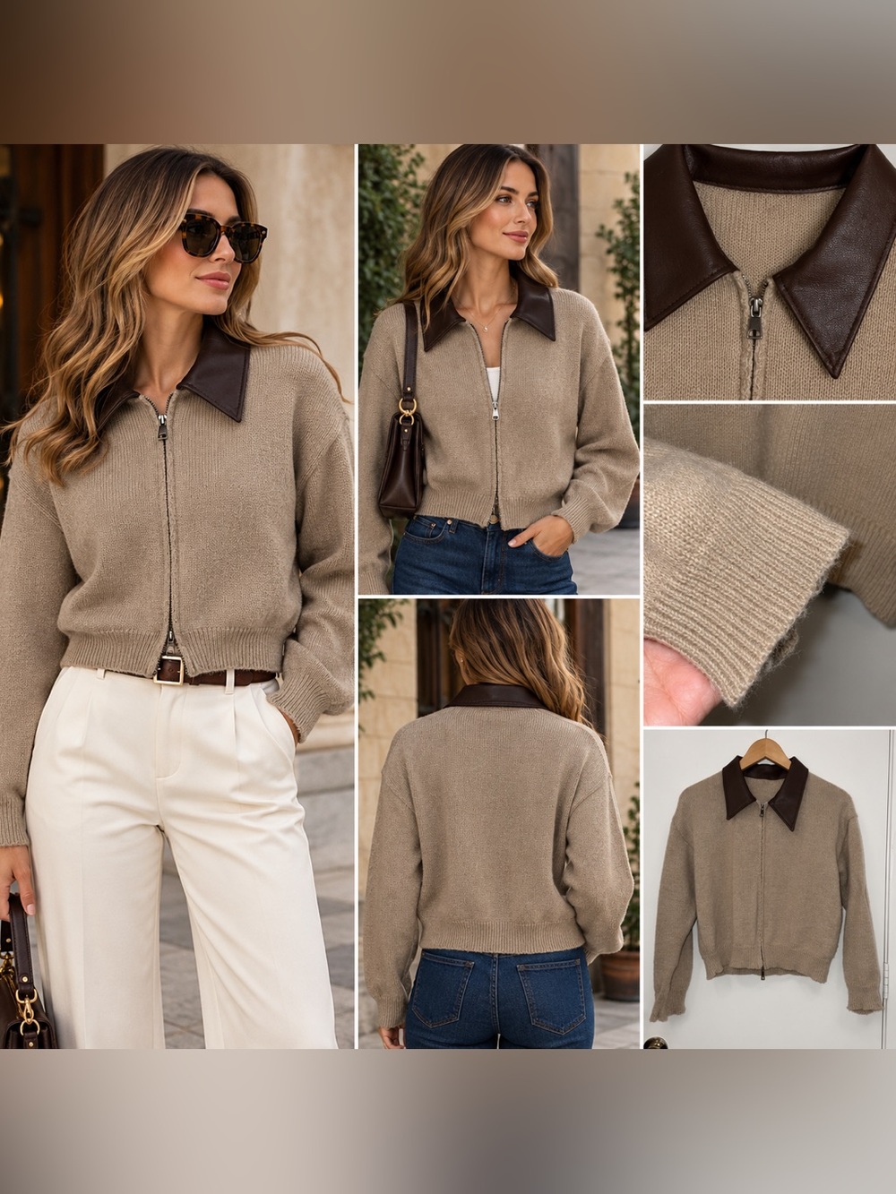 Women’s  Zip Front Sweater with Contrast Collar - Tan